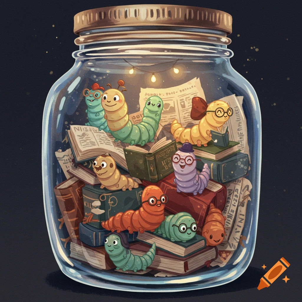 Several cute cartoon bookworms reading books inside a glass jar with fairy lights.