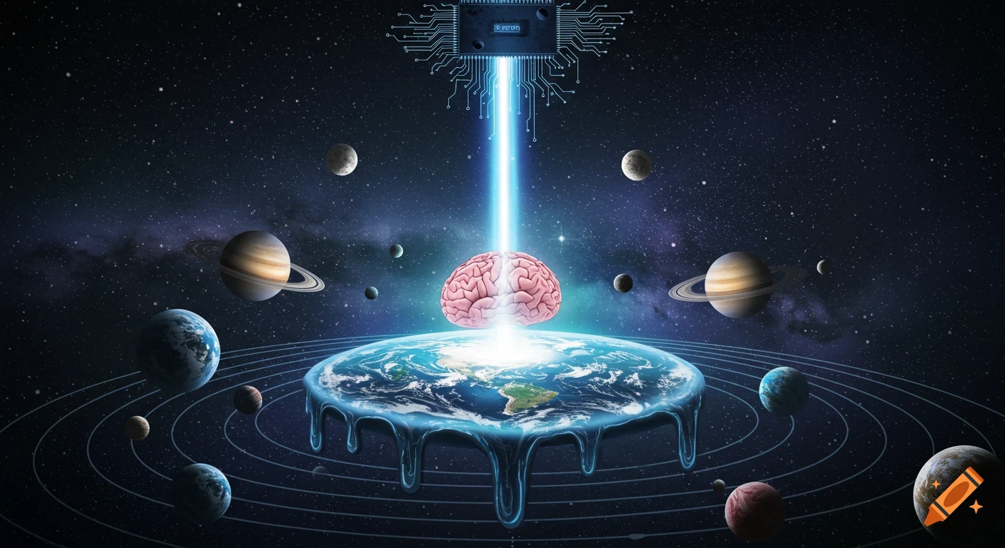 A brain above a melting Earth, surrounded by planets and circuits in space.