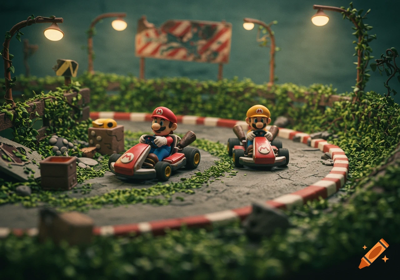 A miniature clay diorama of Mario and Luigi racing go-karts on a track covered in vines and moss.