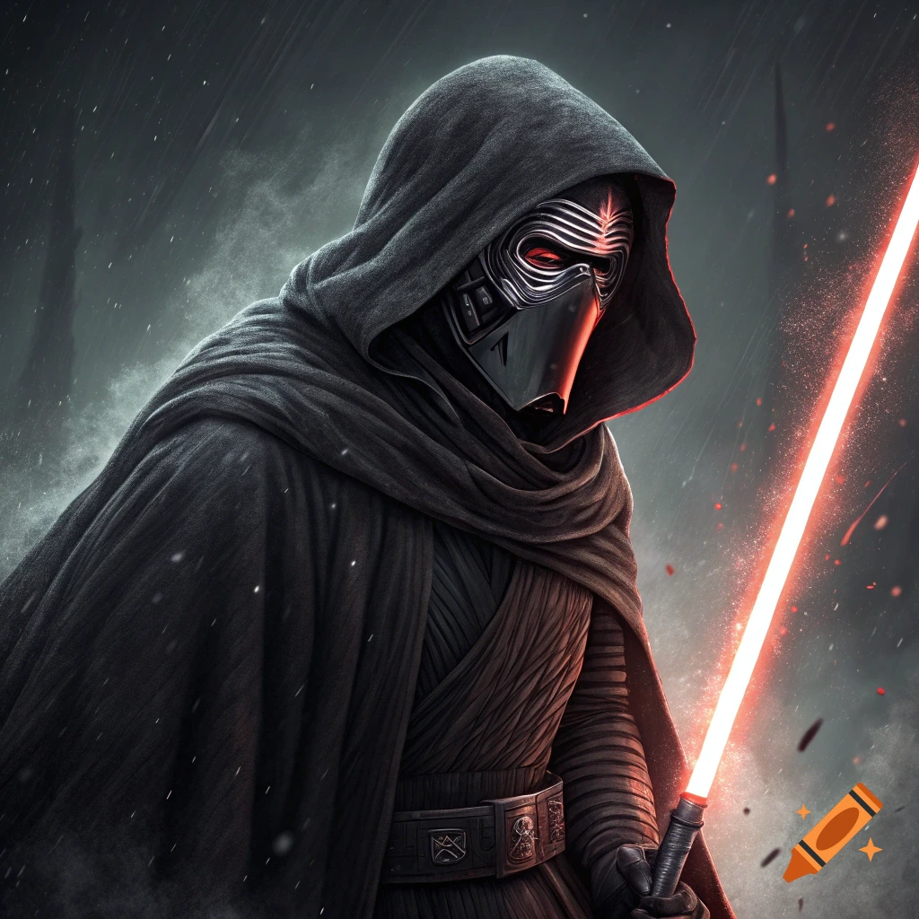 Kylo Ren in a hooded robe holds a glowing red lightsaber in the rain.