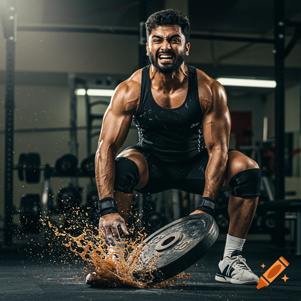 Muscular weightlifter dropping a weight in a gym, causing a splash.
