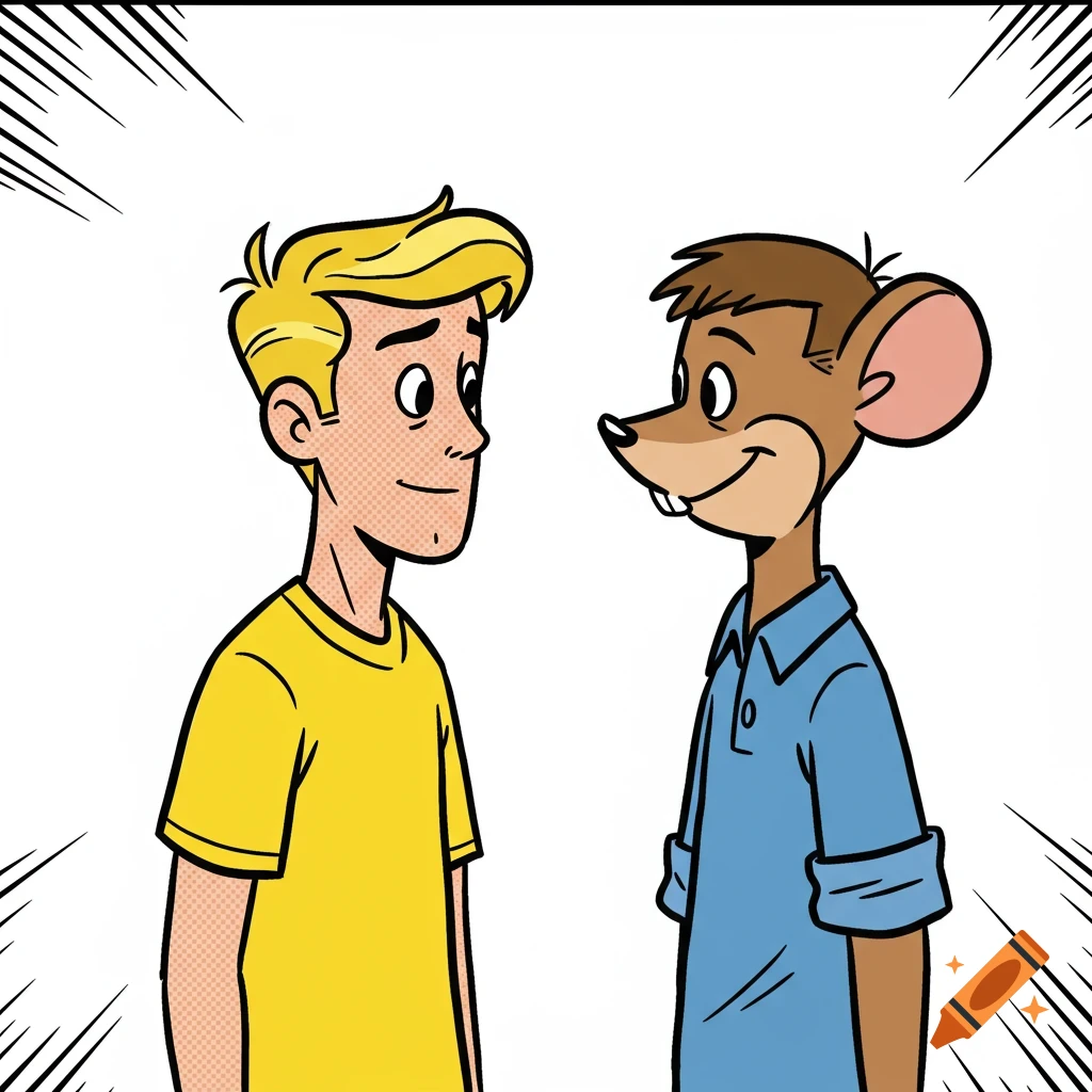 Two cartoon characters, a man and a mouse, looking at each other.