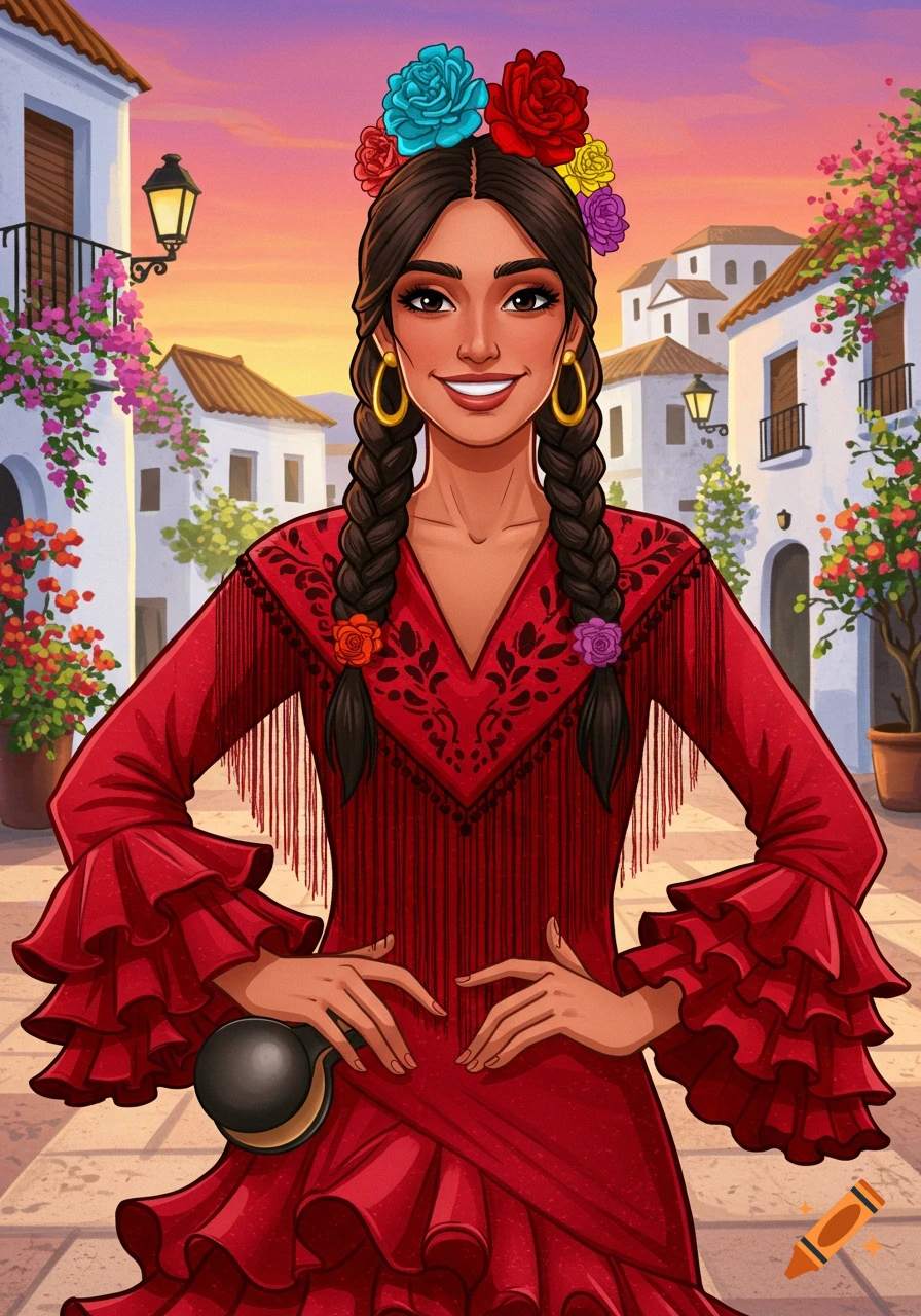 A Spanish woman in a red flamenco dress with flowers in her hair standing in a town square.