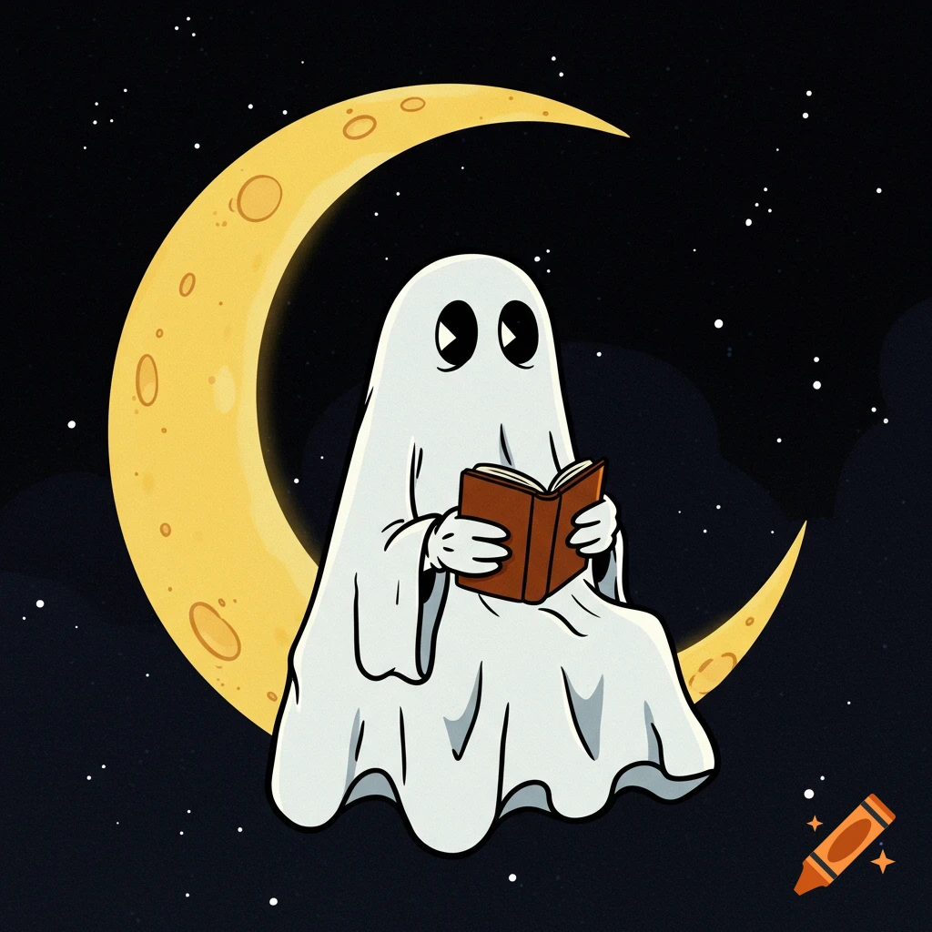 Cartoon white sheet ghost sits on a crescent moon in the night sky, reading a book.