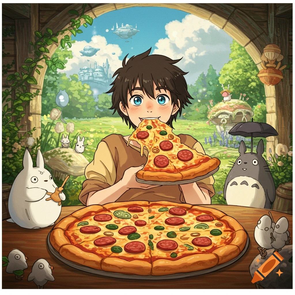 Anime style illustration of a person eating pizza with Totoro and other fantasy creatures in a sunny landscape.