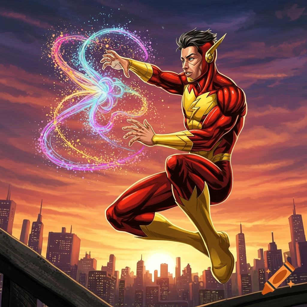 A superhero in red and yellow jumps above a city skyline at sunset, creating colorful energy streaks.