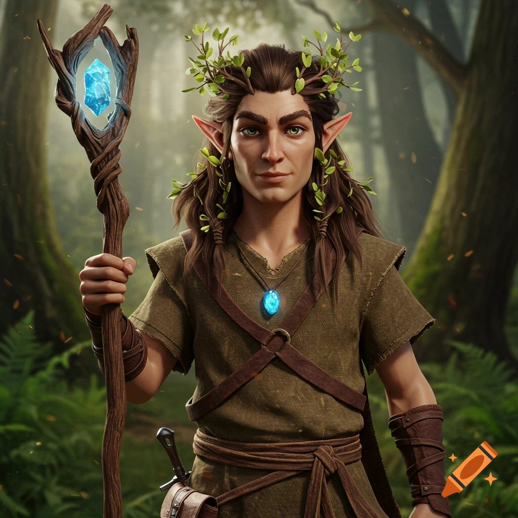 A wood elf druid in a forest holds a staff with a blue gem.