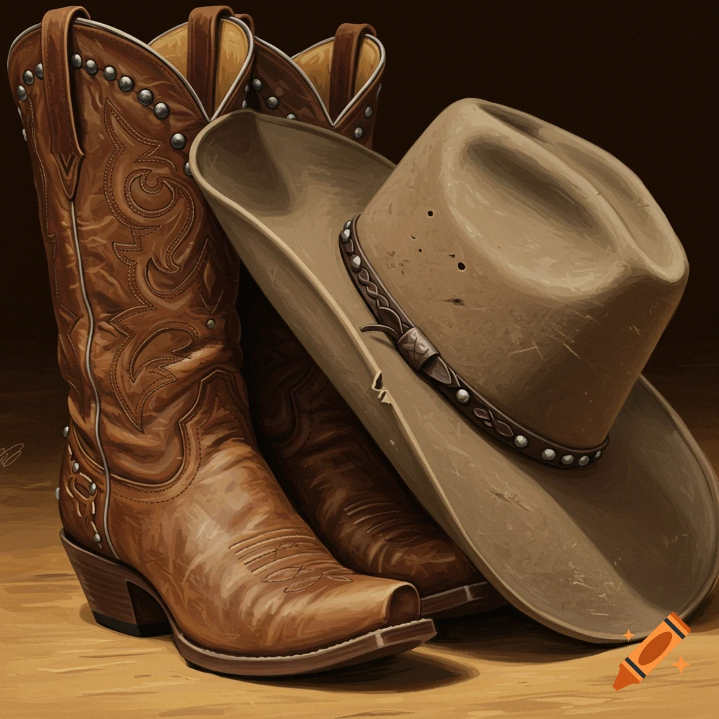Brown cowboy boots and a tan cowboy hat.