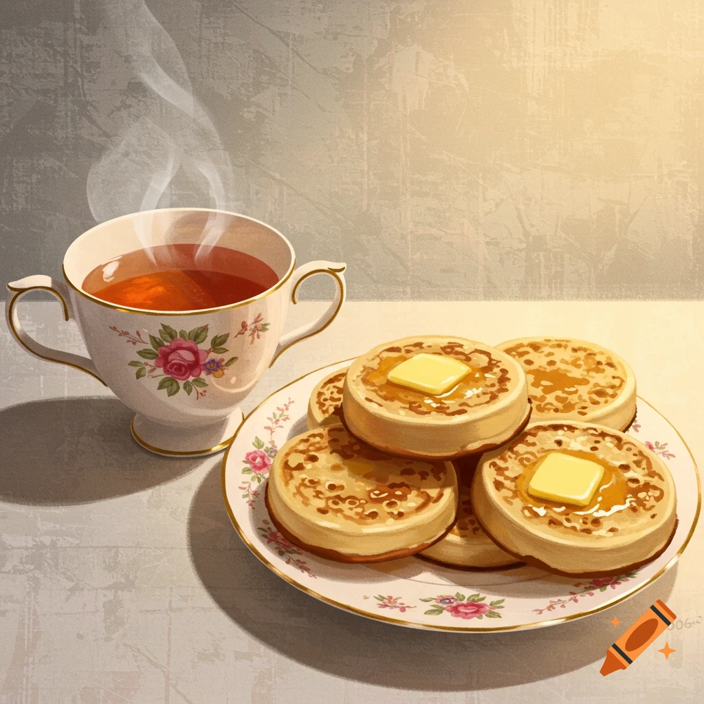 A teacup and crumpets with butter and syrup on a plate.