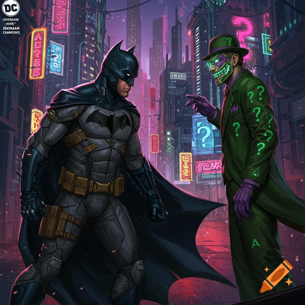 Batman and the Riddler face off in a neon-lit cyberpunk city street.