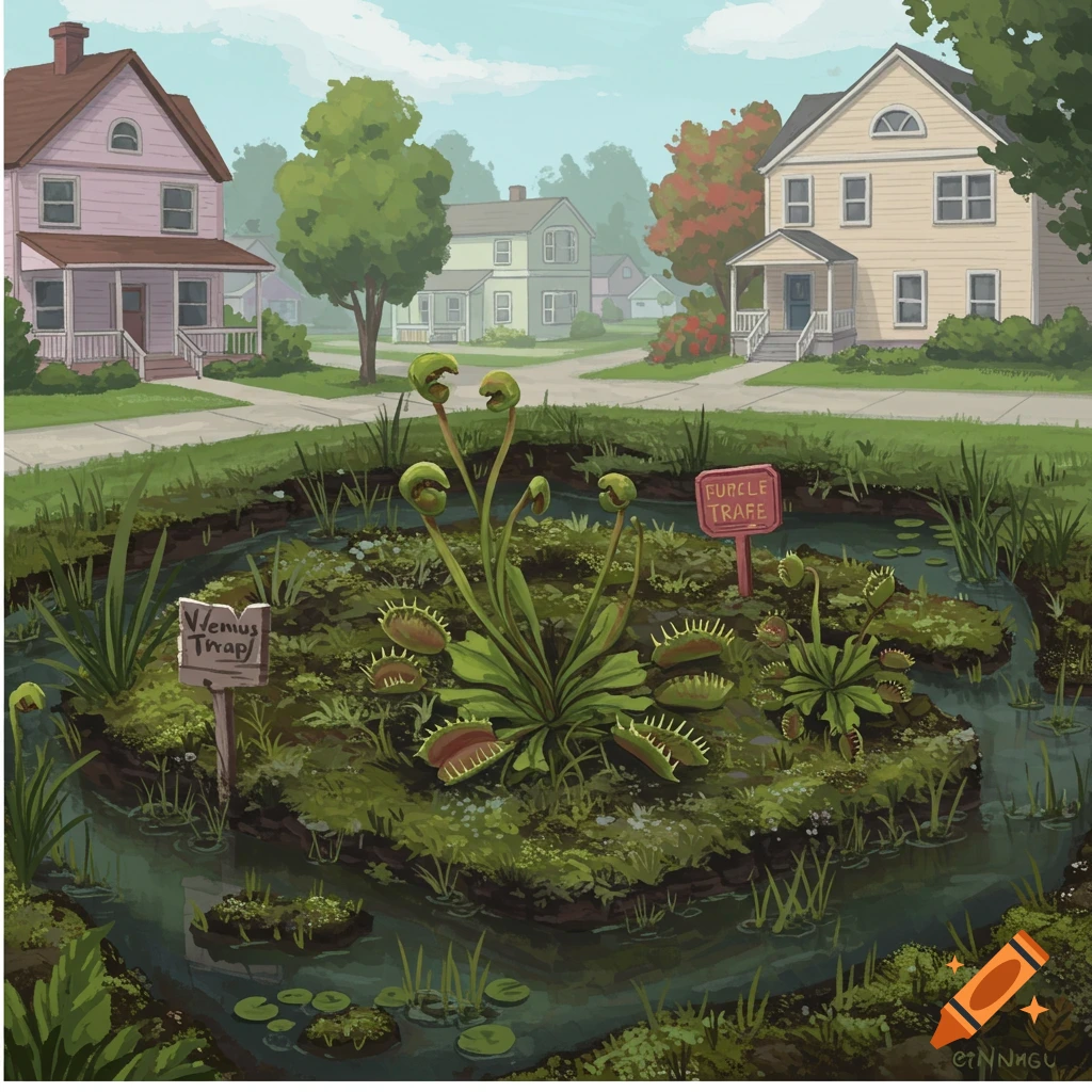 A suburban street with giant Venus fly traps in a pond area.