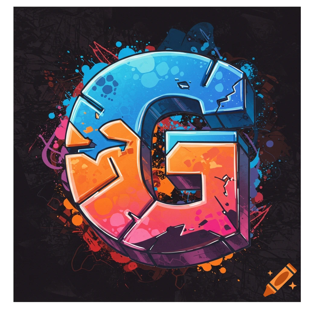 Large colorful graffiti letter G with paint splatters on a dark background.