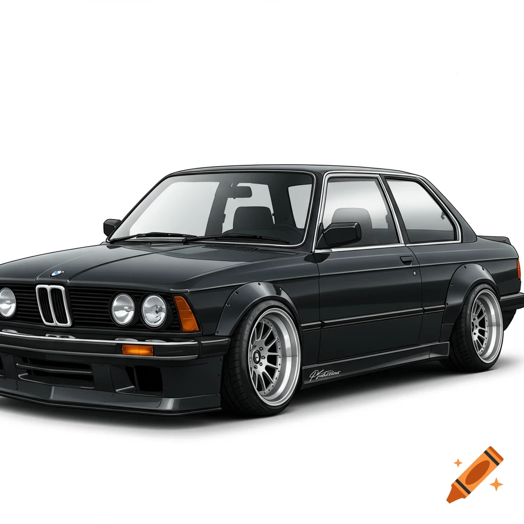 A black BMW E21 with a widebody kit and lowered stance.