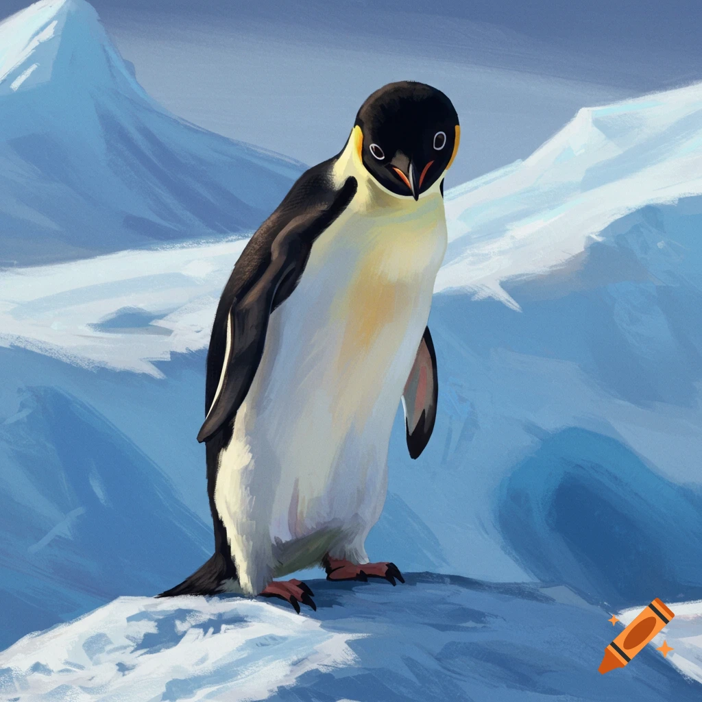 An emperor penguin stands on snow with mountains in the background.