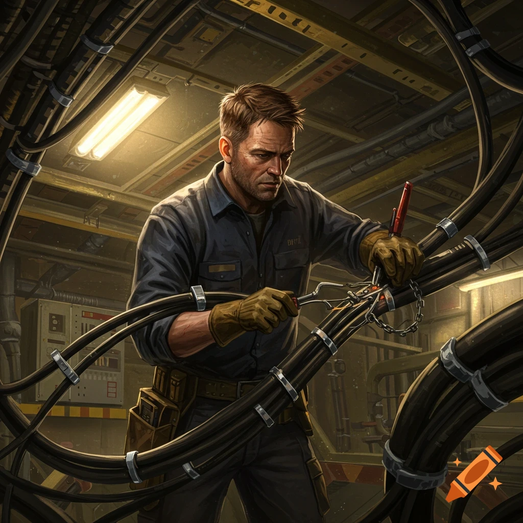 A man works on thick cables in an industrial setting.