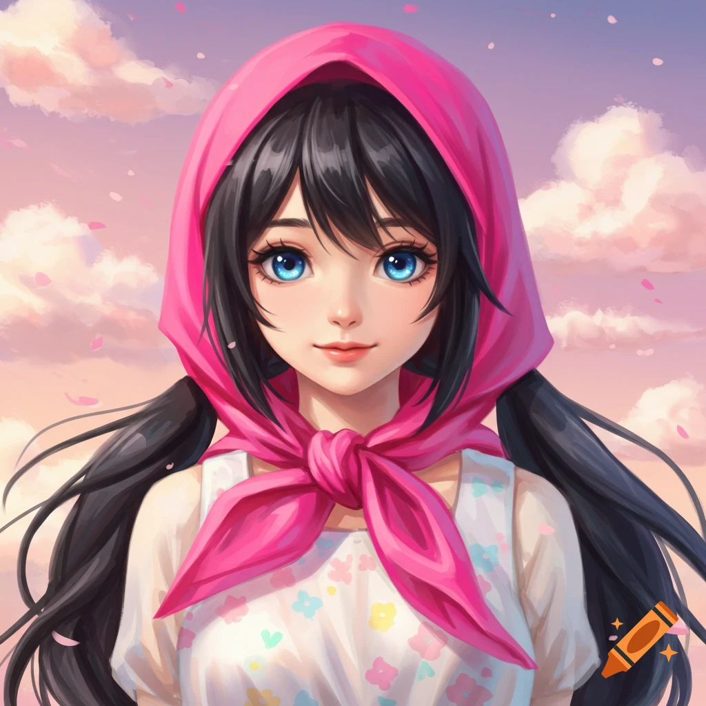 An anime girl with a pink headscarf and big blue eyes.