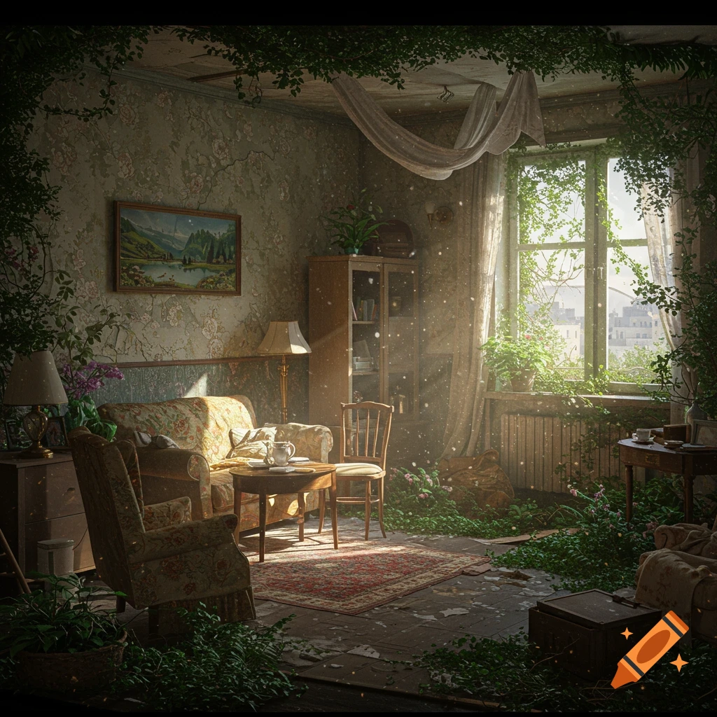 An abandoned apartment interior overgrown with vines and plants.