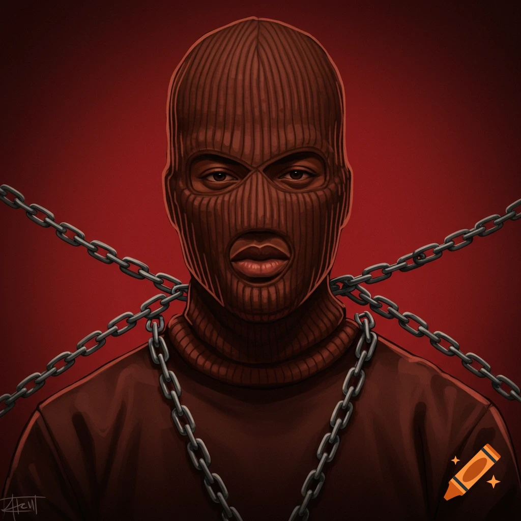 Person in ski mask with chains