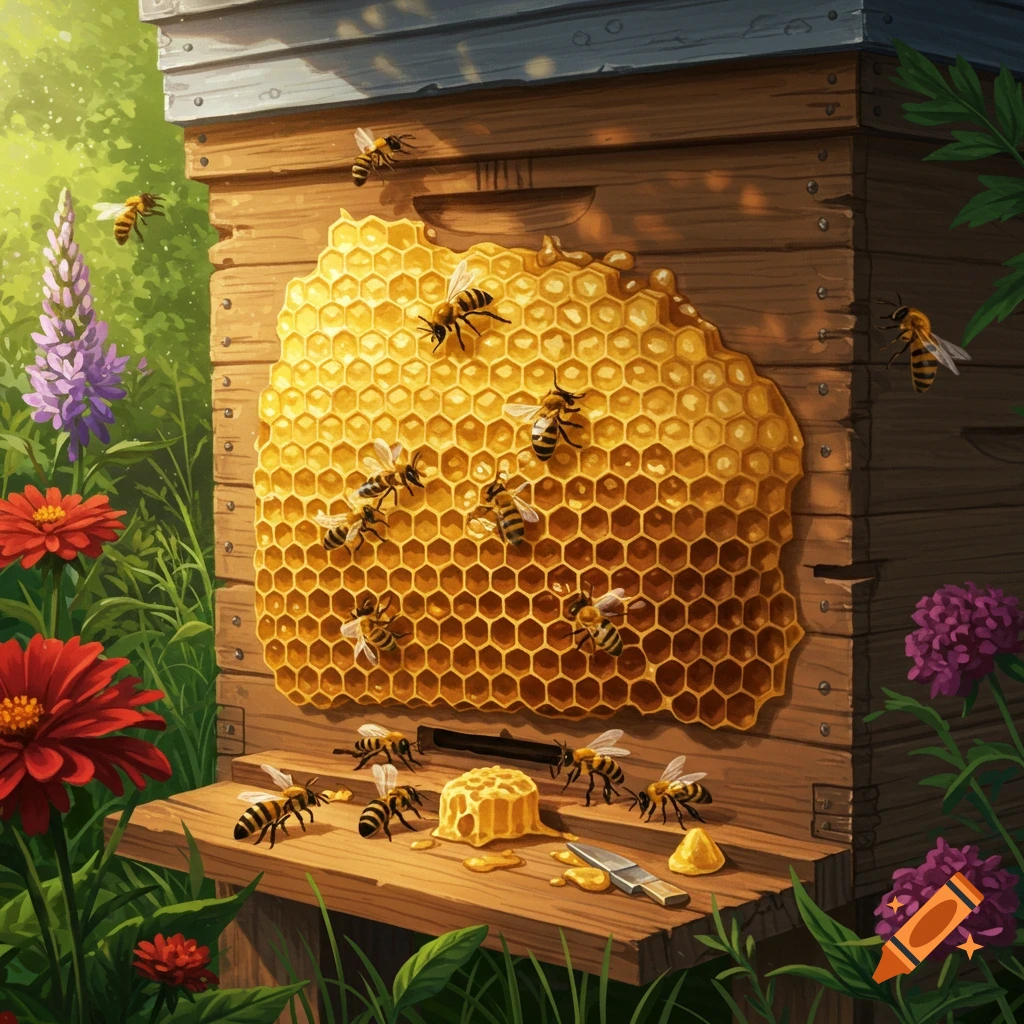 A beehive with bees, honeycomb, and flowers.