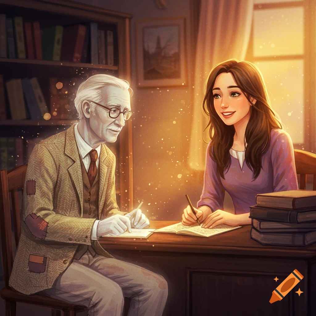 A young woman and a ghostly older man write at a desk in a warm room filled with light and books.