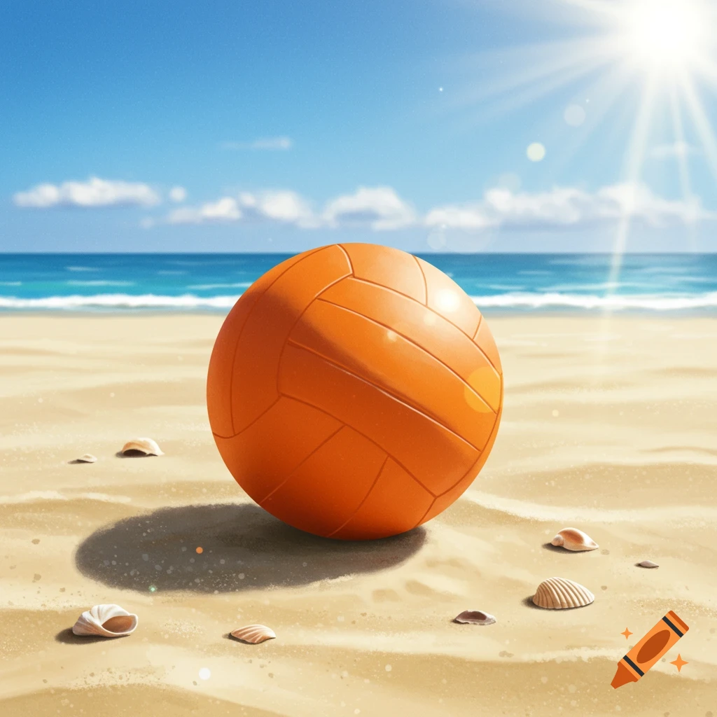 An orange volleyball sits on a sandy beach with shells, the ocean, and a sunny sky.