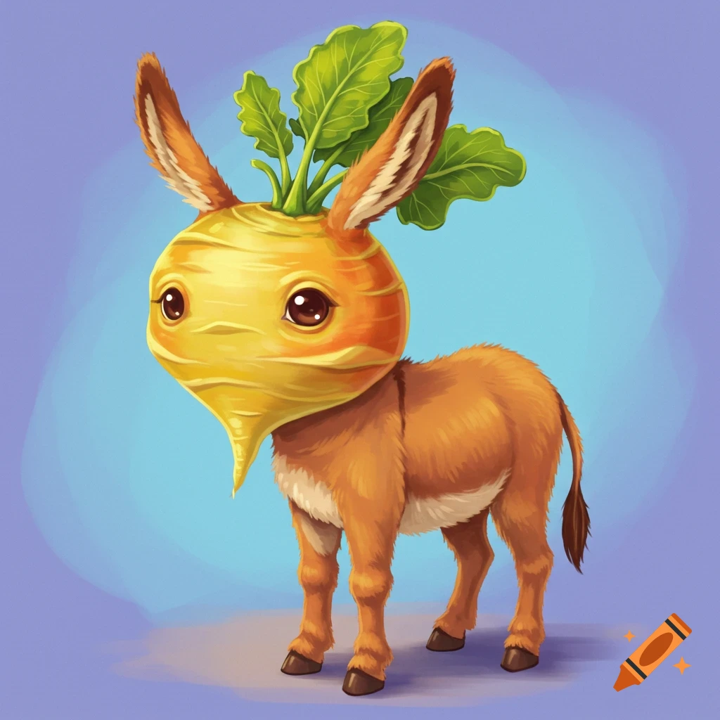 A cute creature with a donkey body and a rutabaga head