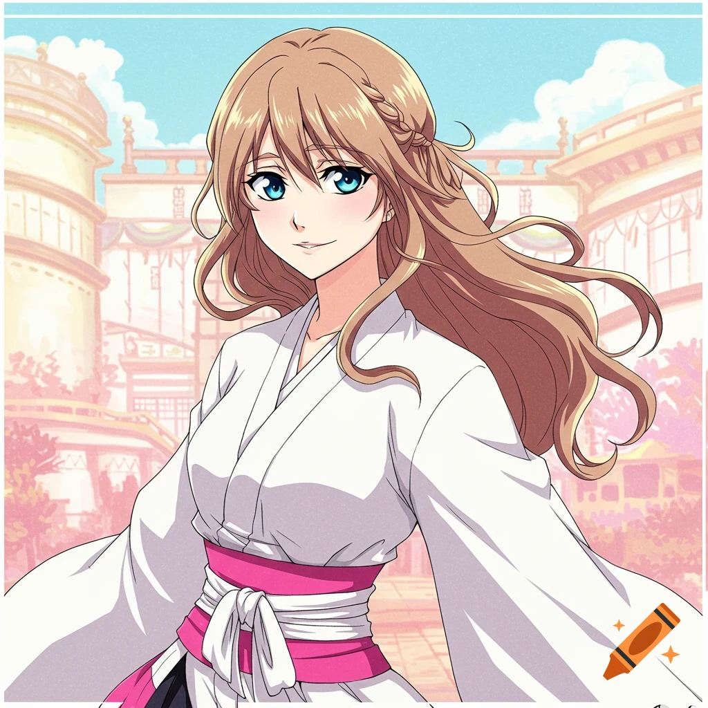 Anime illustration of a woman in a white kimono with a pink sash, standing before an Asian building.