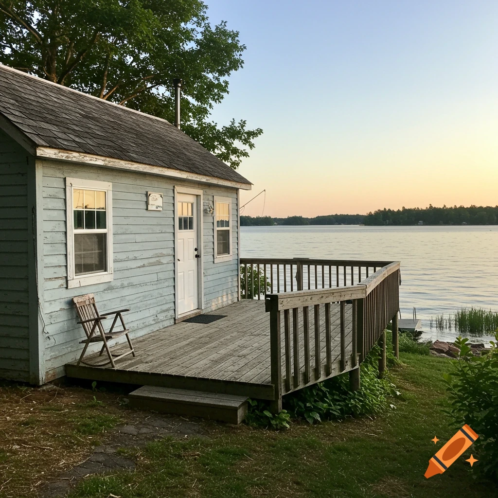 A blue cottage with a wooden deck sits beside a lake at sunset. A chair is on the deck.