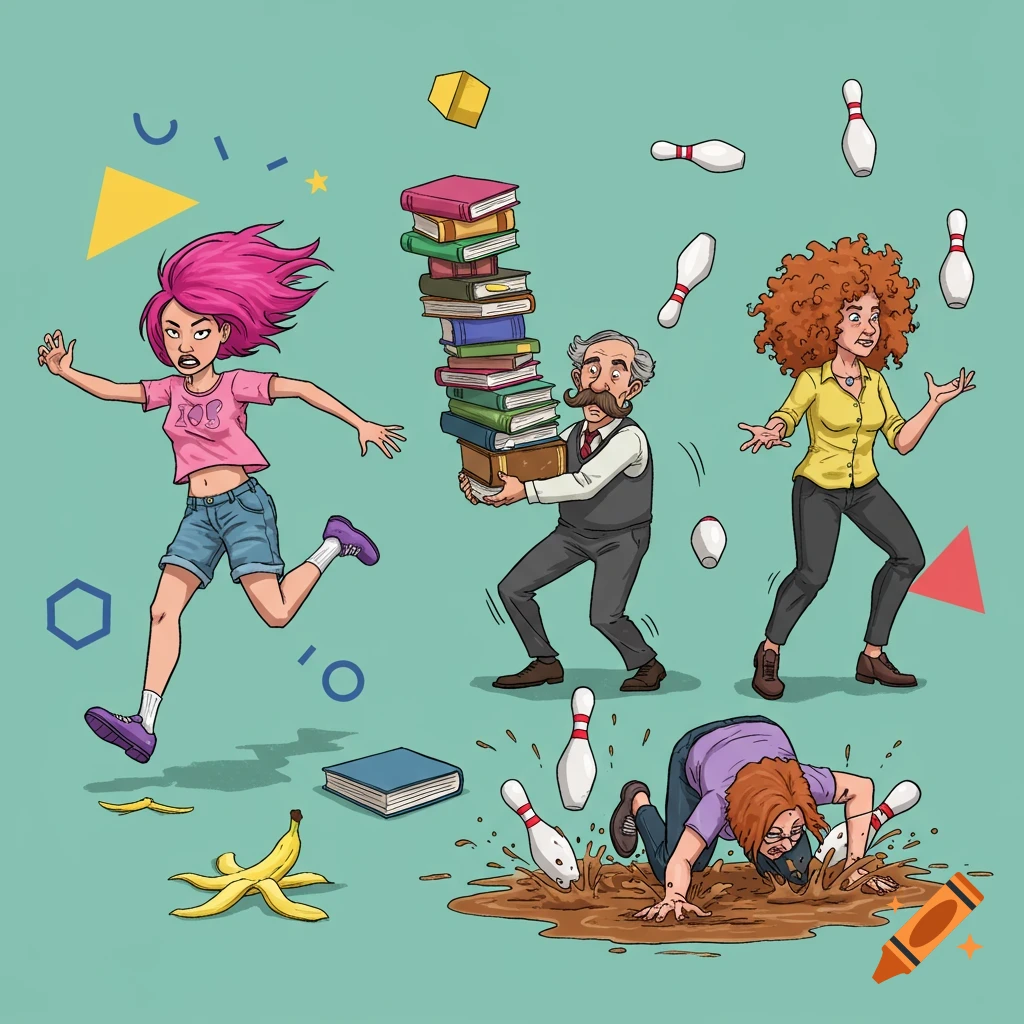 Cartoon illustration of three people failing: running from books, juggling bowling pins, falling in mud near pins and a banana peel.