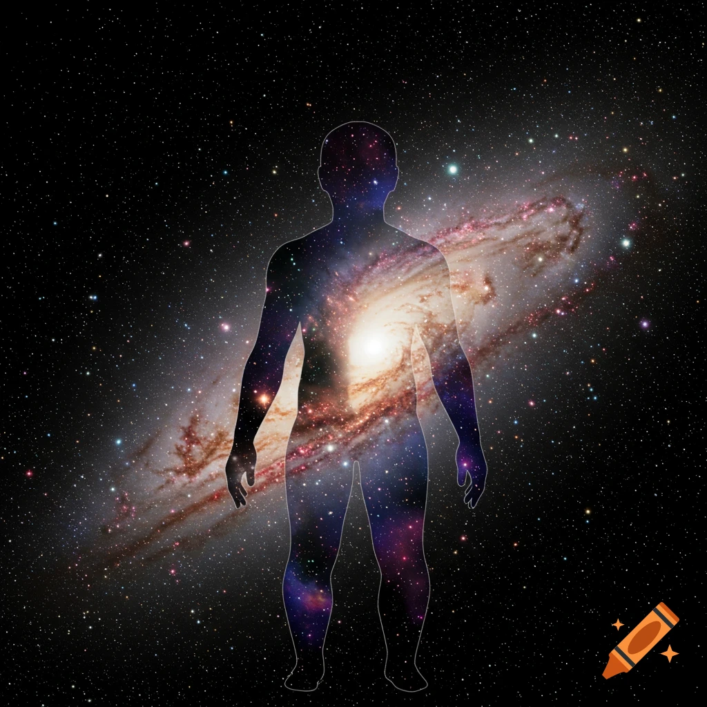 A human silhouette is filled with a swirling galaxy and stars, standing against a background of a starry night sky.