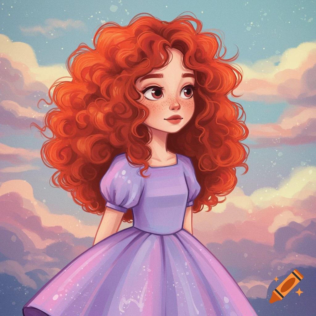 Stylized illustration of a girl with red curly hair in a lavender dress against a cloudy sky.