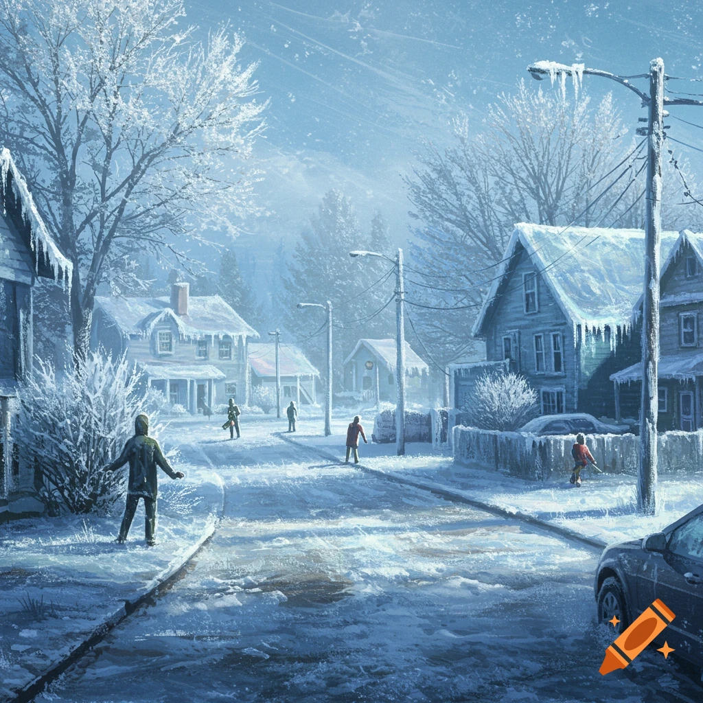 A snow-covered street with ice-encased houses and figures.