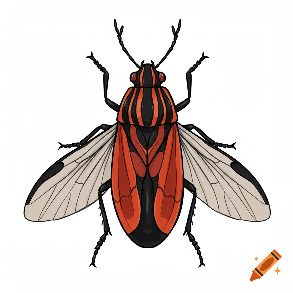An illustration of a red and black striped bug with spread wings on a white background.