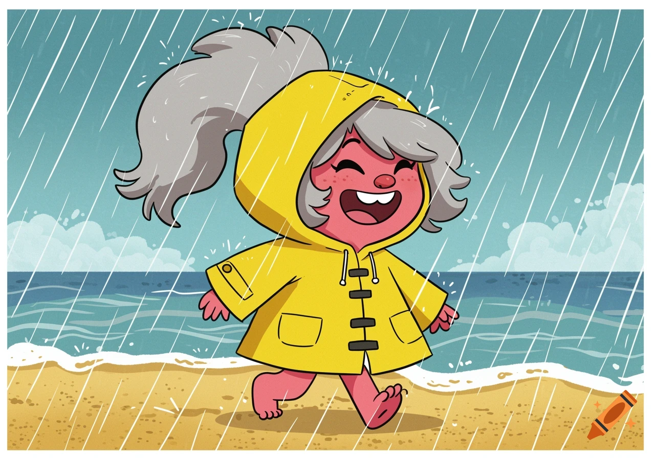 Whimsical cartoon of a child in a yellow raincoat walking on a rainy beach.