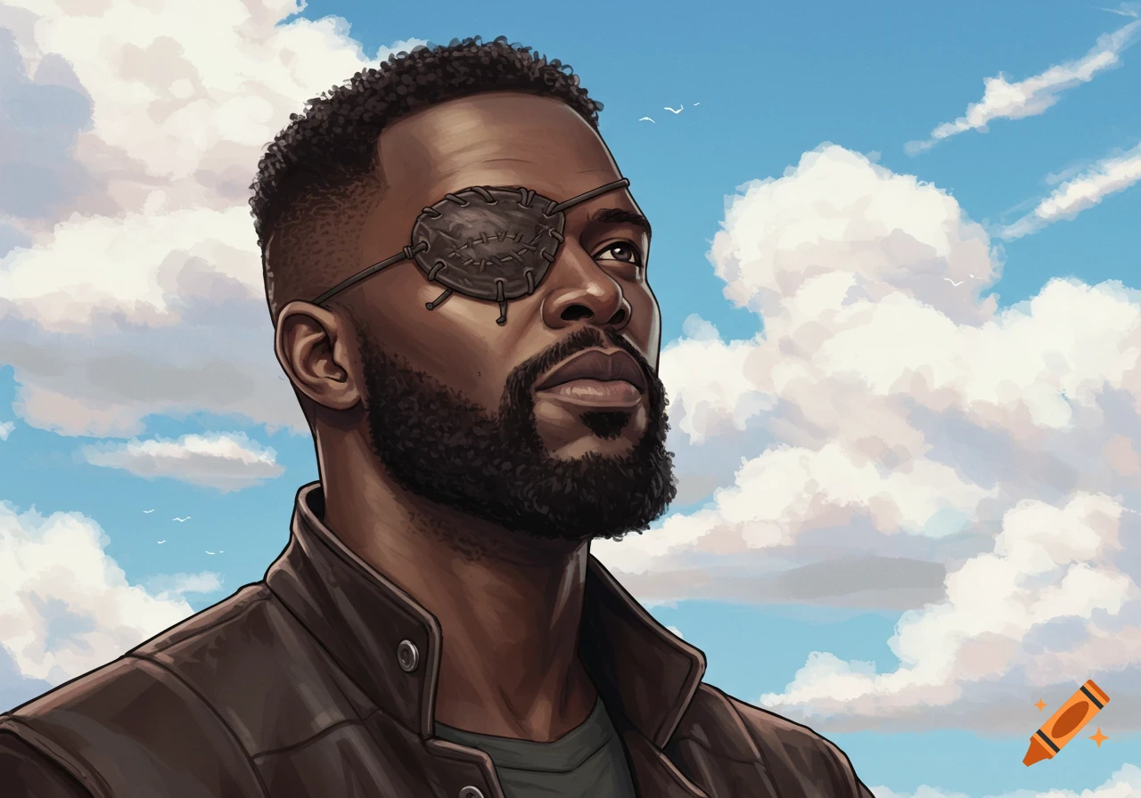 A black man with an eye patch looking up at the sky.