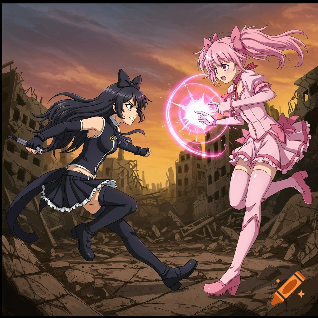Two anime characters fight in a ruined city, one in black with cat ears ...