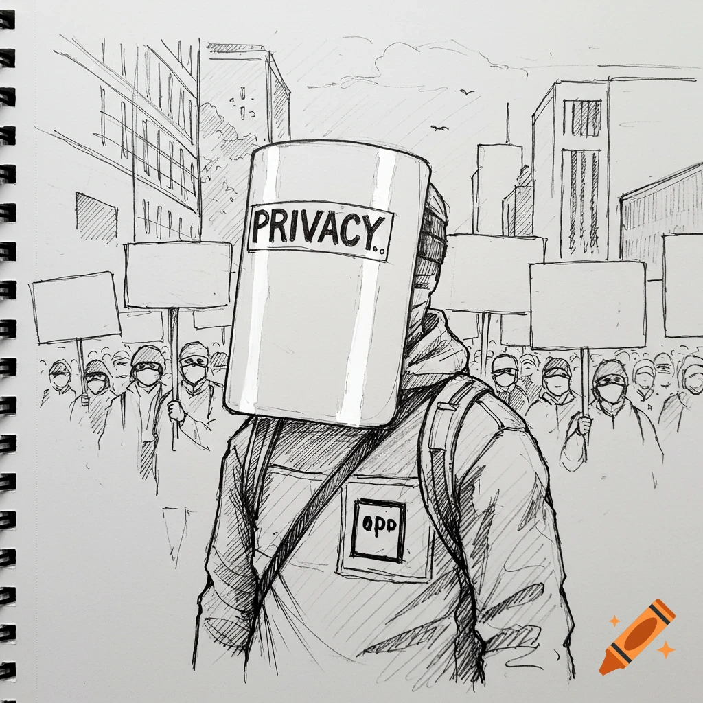 Hand-drawn sketch of a protester with a shield labeled PRIVACY, leading a crowd with blank signs in an urban setting.