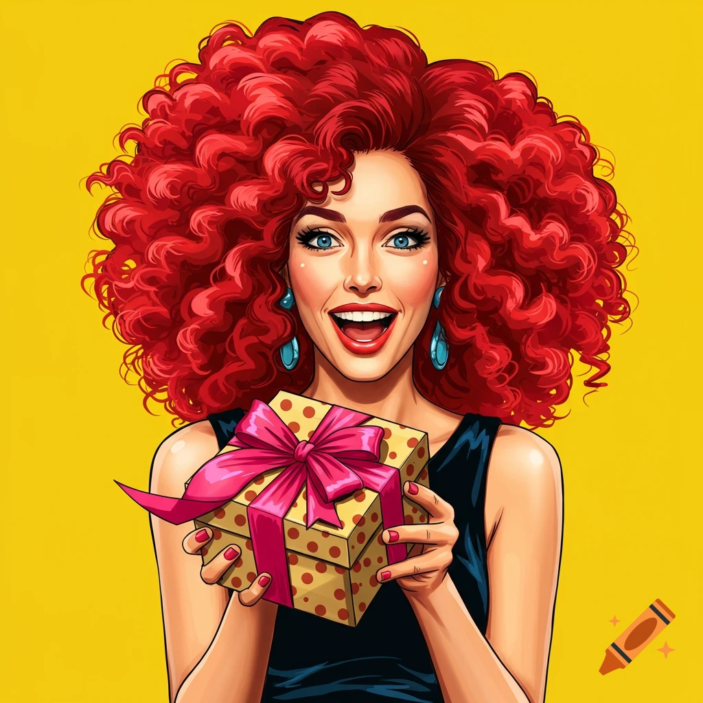 A woman with red curly hair holds a gift box, smiling. Stylized illustration.