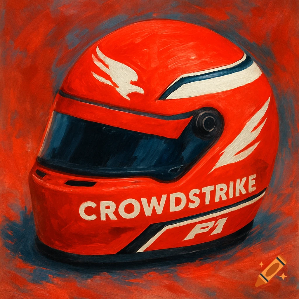 A red Formula 1 helmet with white and blue markings and "CROWDSTRIKE F1" text.