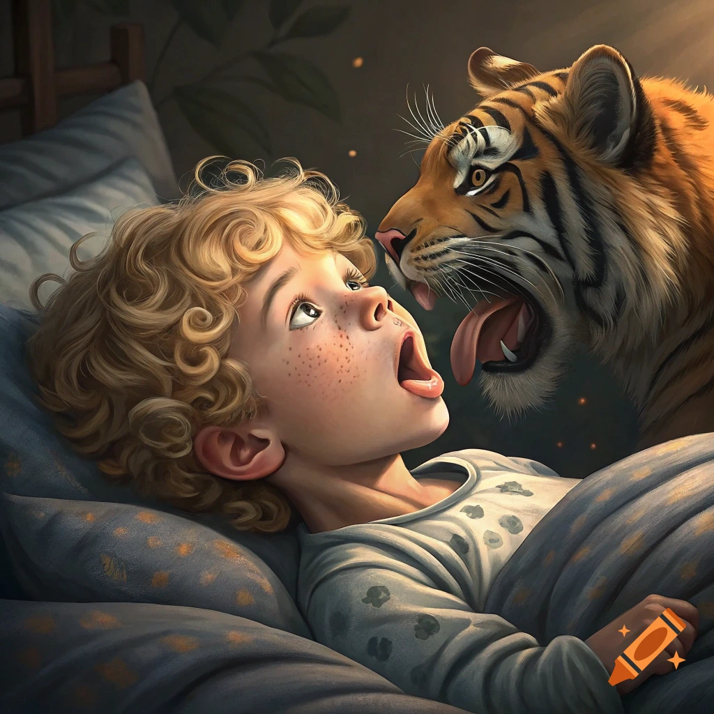 A young boy looks up scared at a roaring tiger leaning over his bed.