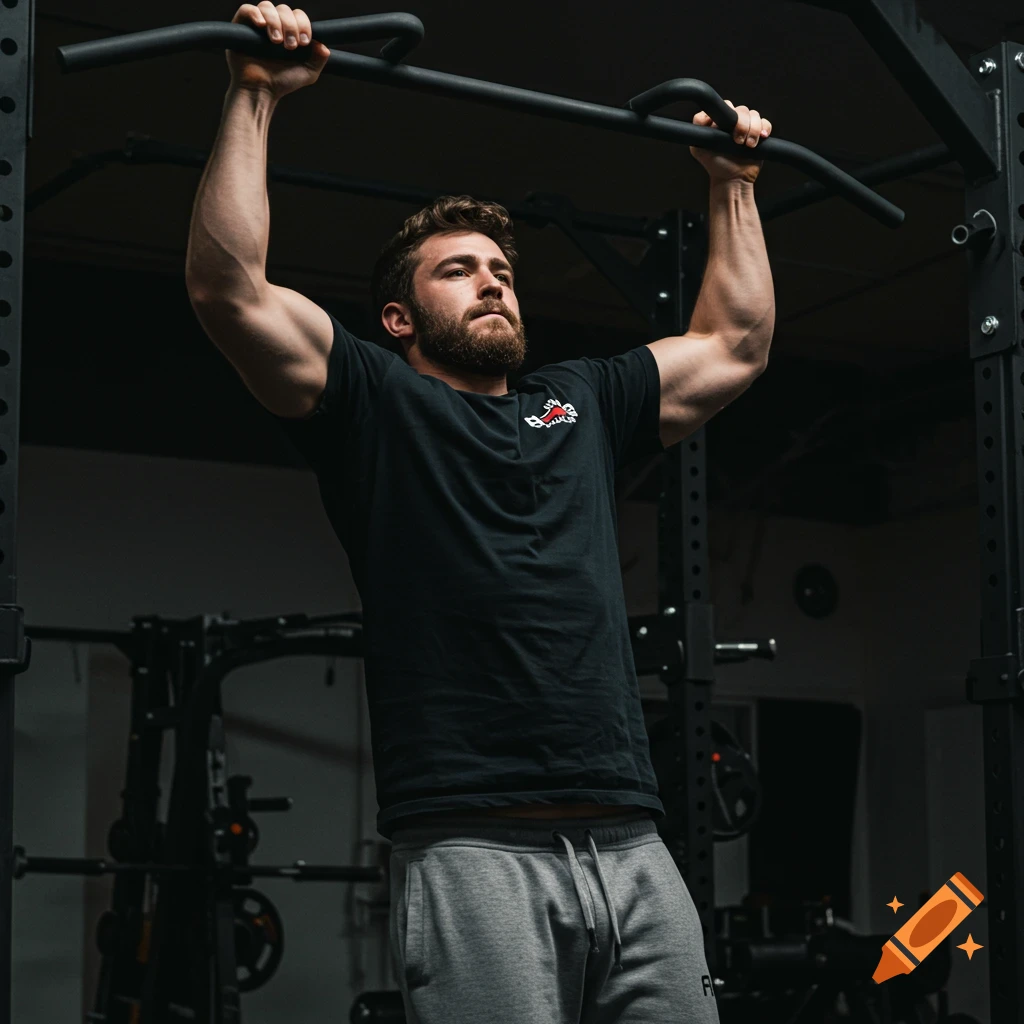 A bearded man does pull-ups on a bar in a gym.