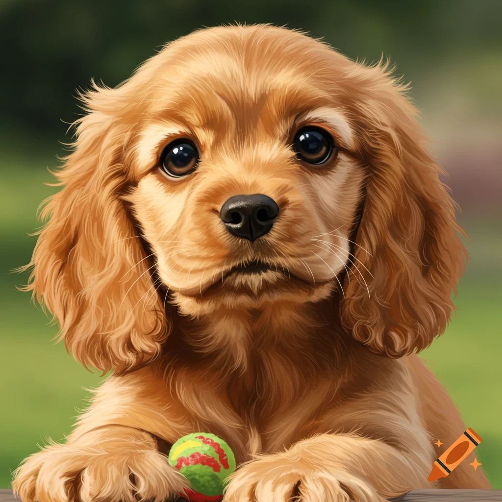 A cocker spaniel puppy looking at the camera with a ball.