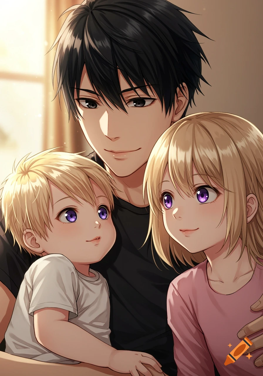 Anime style illustration of a man with two young children looking happily at him.
