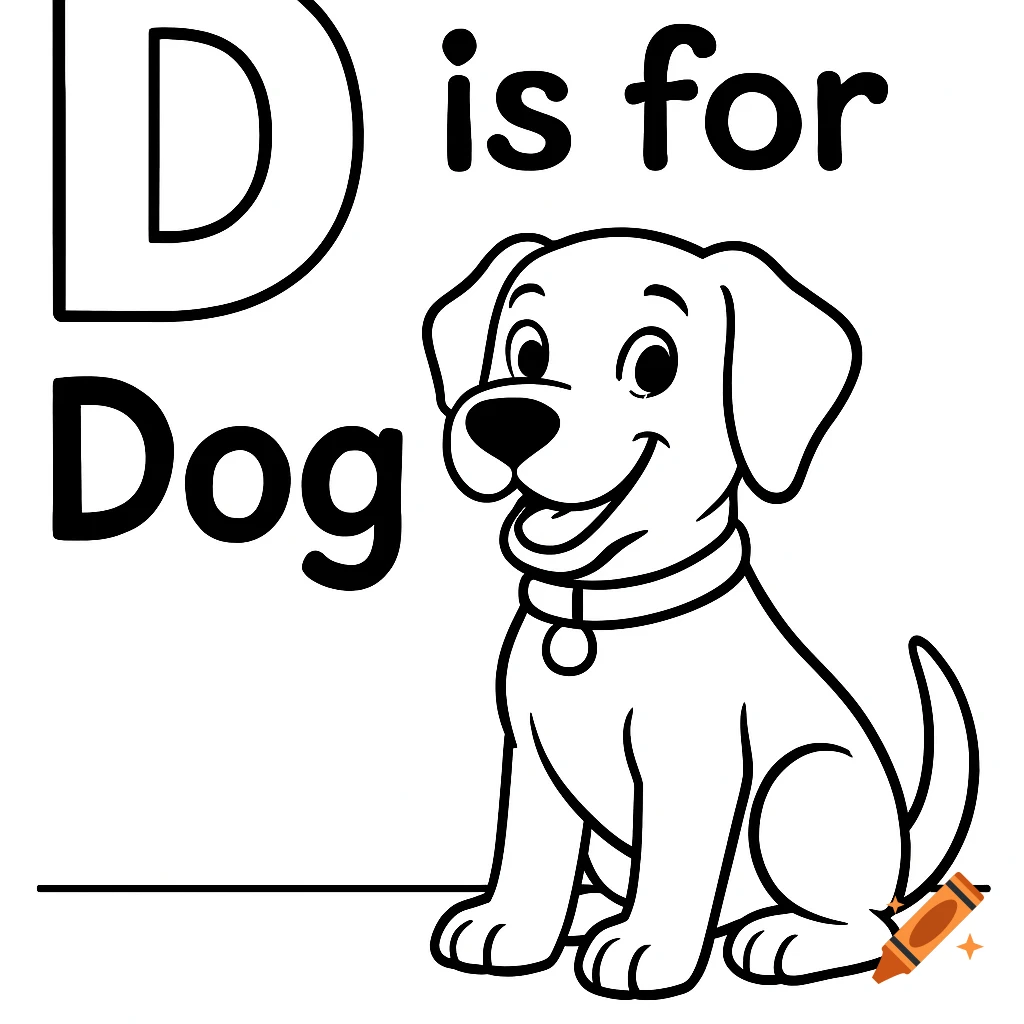 Coloring book page with a cartoon dog and the text 'D is for Dog'