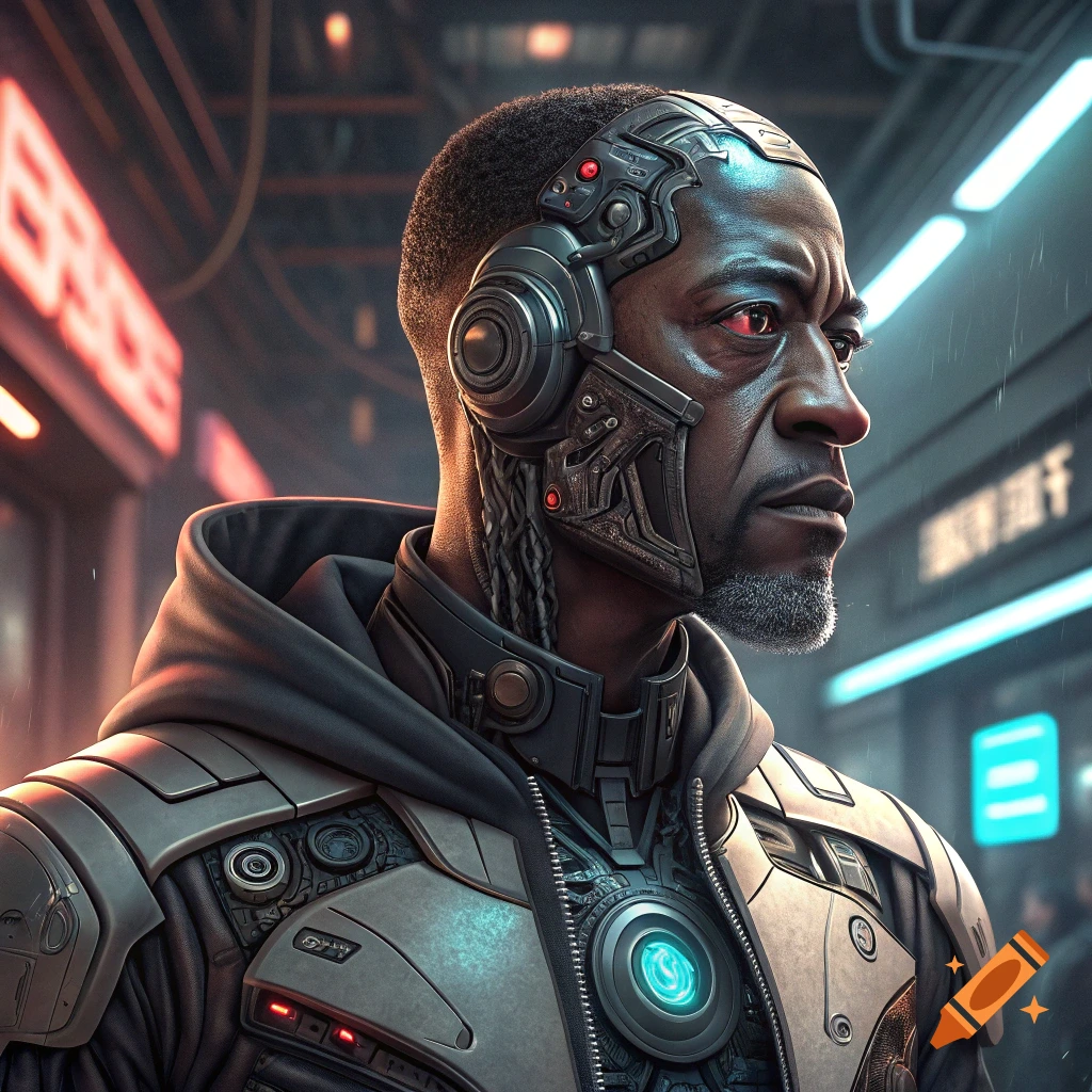 A detailed portrait of a man with futuristic cybernetic implants on his head and chest, standing in a rainy cyberpunk city street.