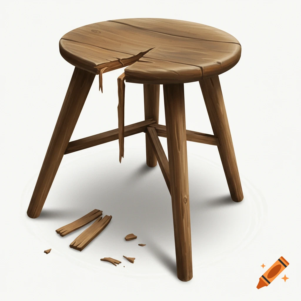 A broken three-legged wooden stool with splintered wood.