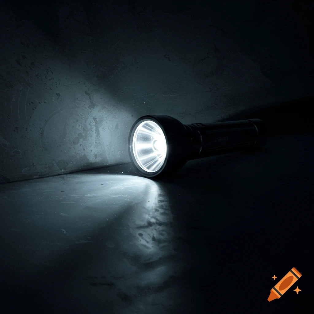 A flashlight beam illuminates a dark room