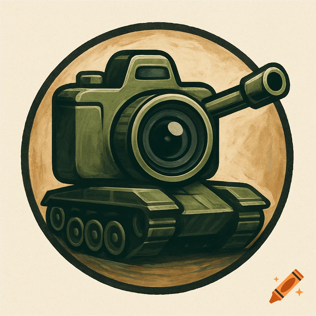 A green camera on tank treads in a circular logo.