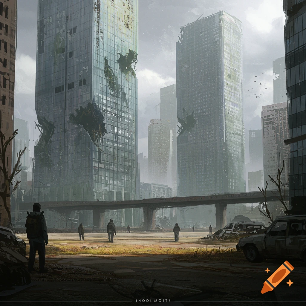 Ruined city with damaged skyscrapers and a few people walking in the foreground.