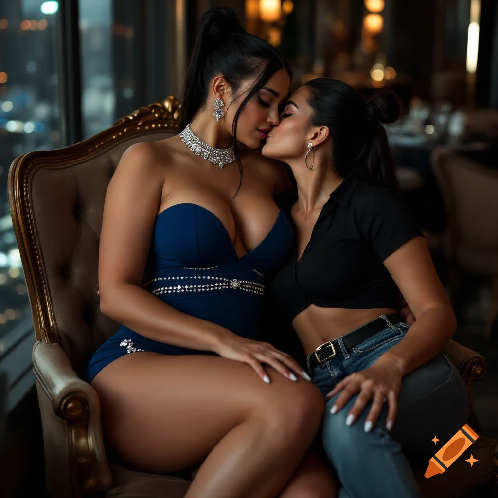 Two women kiss while seated in a chair in a luxurious restaurant setting.